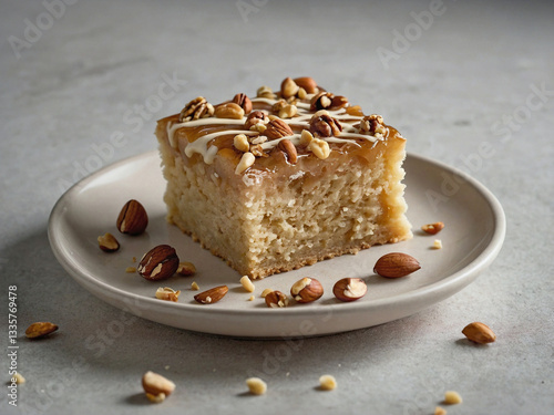 A neatly cut blondie cake square, on a round white plate.