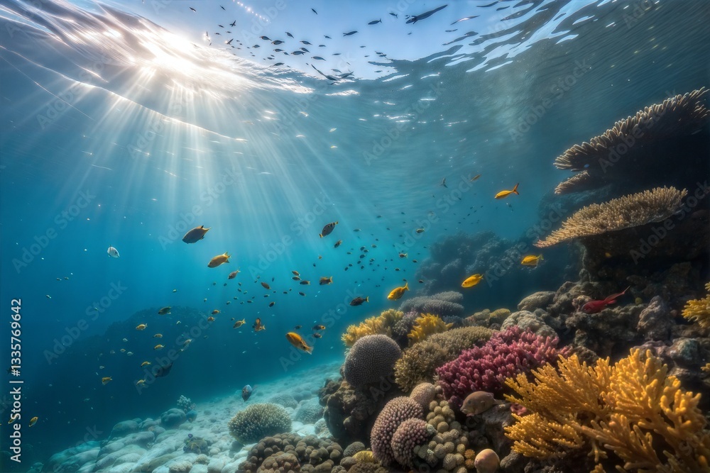 Naklejka premium Underwater sun rays penetrating the ocean.