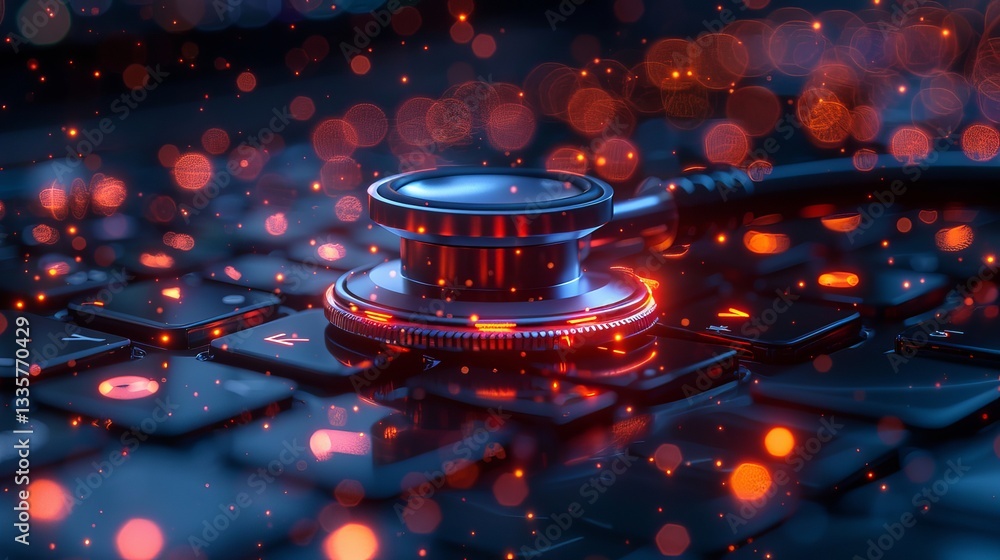 Digital Healthcare Technology Stethoscope on Laptop Keyboard Red Glowing Lights Futuristic Medical Concept Online Medicine Modern Technology Digital Healthcare Technology Stethoscope on Laptop Keyboard Red Glowing Lights Futuristic Medical Concept Online Medicine Modern Technology