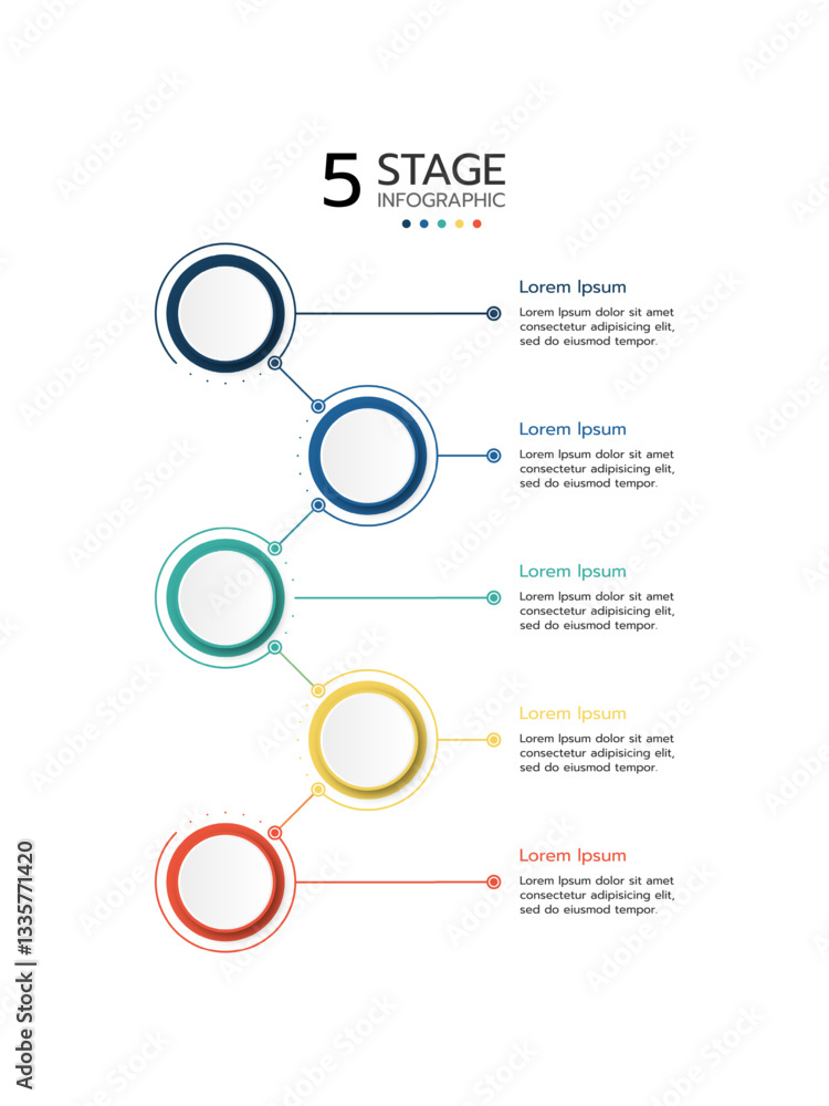 Fototapeta premium 5 Circular elements placed in vertical row. Concept of 5 successive steps of project development process. Flat infographic design template. Simple vector illustration for business analytics.