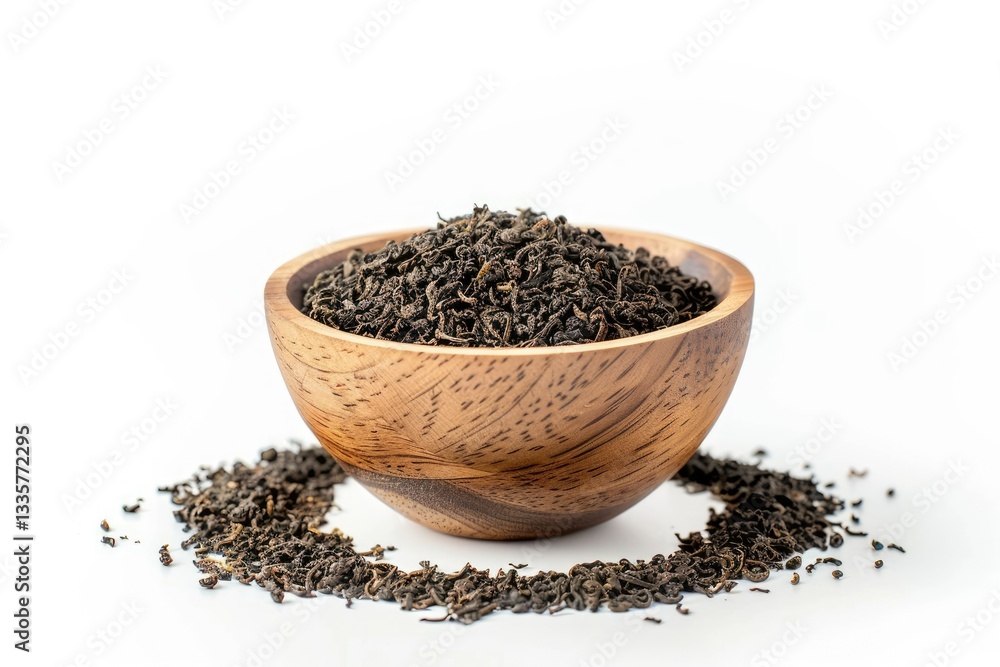 Dried Fermented Tea Leaves Were Poured Out of a Wooden Bowl Spread on a White Background Dried Fermented Tea Leaves Were Poured Out of a Wooden Bowl Spread on a White Background