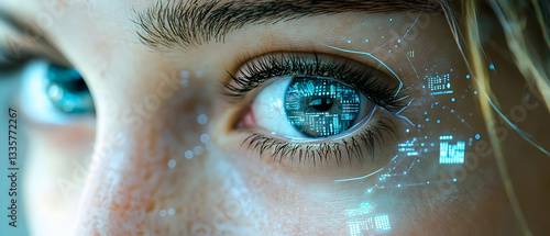 Close-up eye, digital overlay, future tech