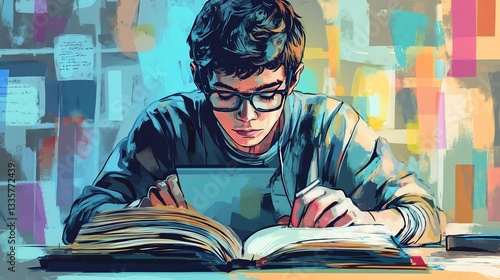Freelancer balancing work and study multitasking between an online meeting on the laptop and reading an educational book