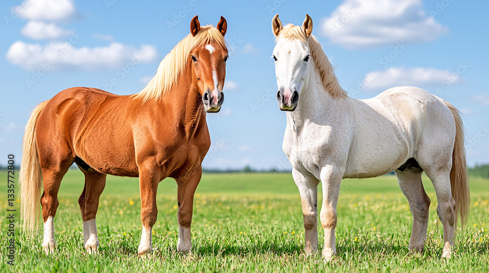 Two Equine Beauties Grazing in a Green Meadow Under a Blue Sky with Wispy Clouds Sunlight Two Equine Beauties Grazing in a Green Meadow Under a Blue Sky with Wispy Clouds Sunlight