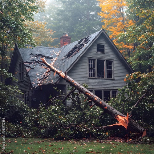 A fallen tree on a house roof symbolizes the aftermath of a natural disaster, storm, highlighting the need for disaster recovery and emergency response.