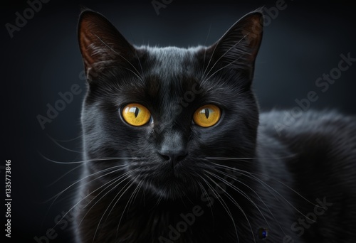 There is a black cat looking at the camera with yellow eyes