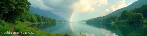 Lush green landscape with vibrant rainbow over a serene lake, tranquil, rainbow, lake