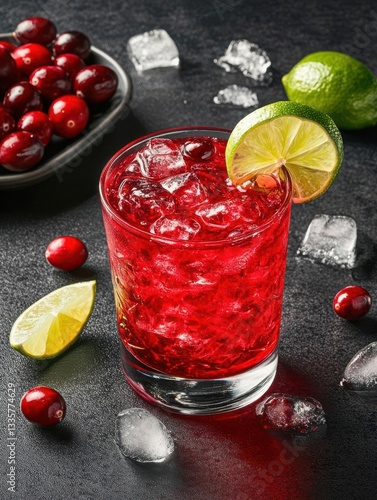 Refreshing red cocktail with ice, garnished with lime, surrounded by cranberries on a dark surface