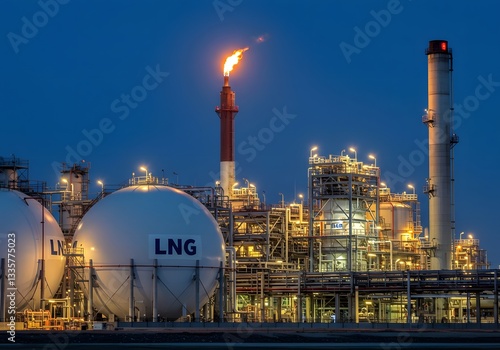 A vast industrial complex with a massive LNG storage tank designed for holding liquified natural gas at low temperatures, infrastructure, showcasing modern energy infrastructure.