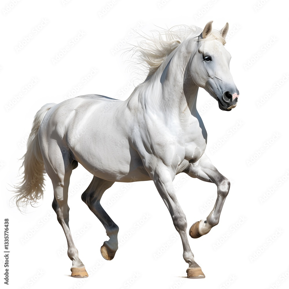Fototapeta premium Majestic White Horse Galloping Freely Through Open Field Landscape