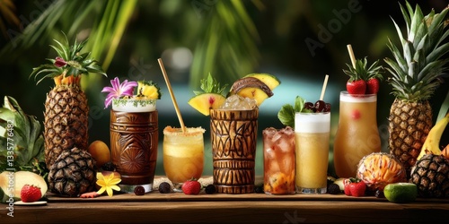 A vibrant display of tropical cocktails arranged on a wooden table surrounded by fresh fruits and greenery
