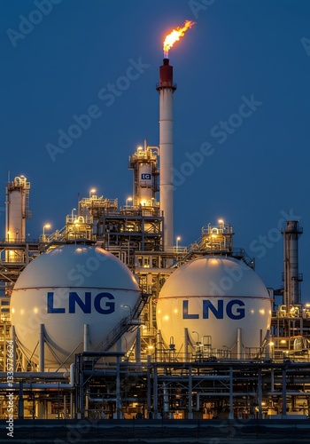 A vast industrial complex with a massive LNG storage tank designed for holding liquified natural gas at low temperatures, infrastructure, modern energy infrastructure.