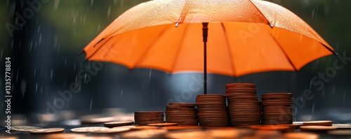 Wallpaper Mural Stacks of coins sheltered under an orange umbrella during a rainy day symbolize financial protection and security. Torontodigital.ca