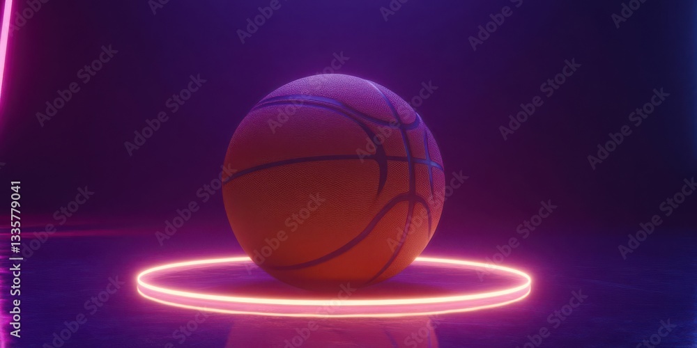 Fototapeta premium A vibrant basketball illuminated by neon lights, centered in a dark, reflective space