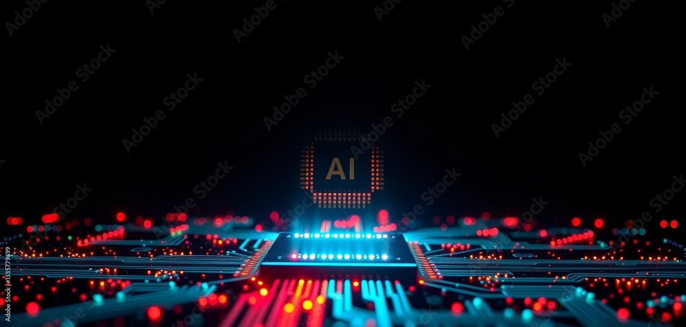 AI microchip emits vibrant light beams across dark background, artificial intelligence, digital world AI microchip emits vibrant light beams across dark background, artificial intelligence, digital world