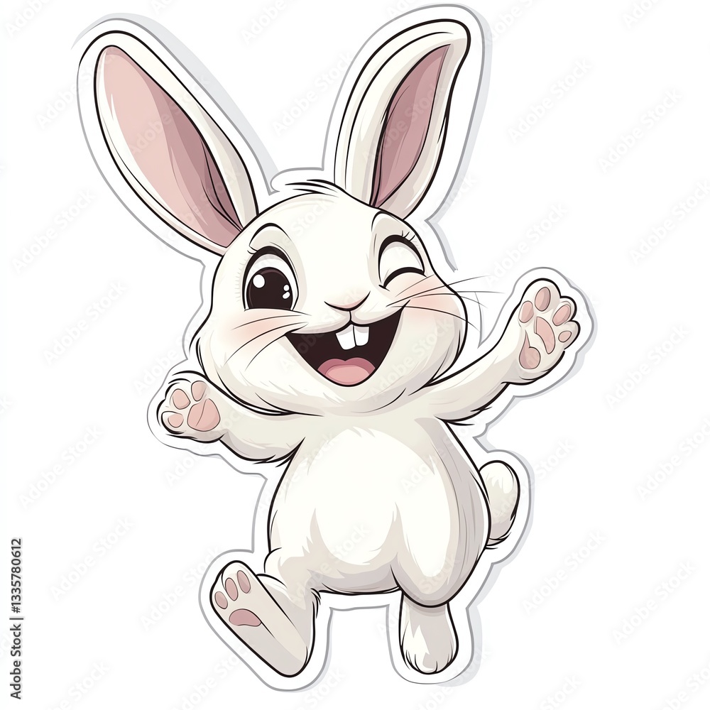 A cheerful cartoon rabbit with a big smile and playful expression, jumping joyfully. A cheerful cartoon rabbit with a big smile and playful expression, jumping joyfully.