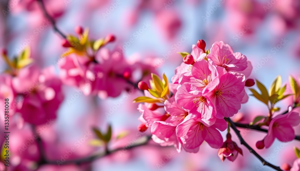 Close-up of vibrant pink cherry blossoms against a soft, blurred background, petals, background Close-up of vibrant pink cherry blossoms against a soft, blurred background, petals, background