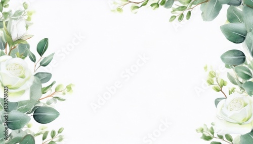 A romantic wedding-themed botanical frame with delicate white roses and eucalyptus leaves