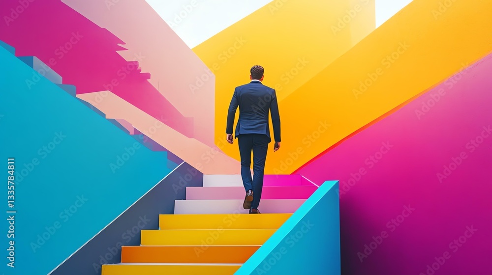 A man walks up a colorful staircase symbolizing progress and ambition in a modern setting. Business life concept A man walks up a colorful staircase symbolizing progress and ambition in a modern setting. Business life concept