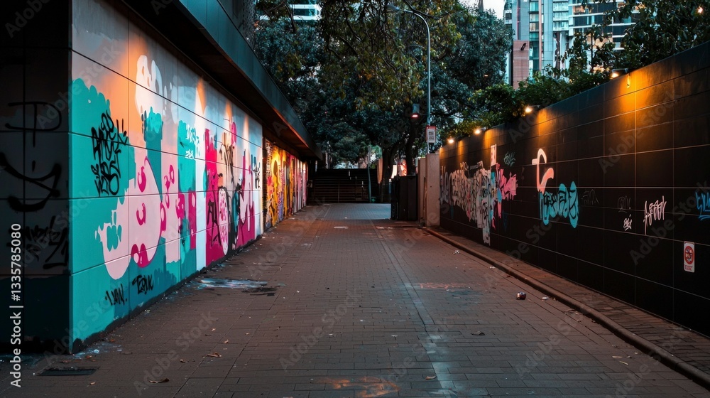 Fototapeta premium Urban Alleyway Graffiti Art Vibrant Colors Street Art Cityscape Photography