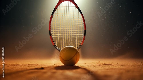 Close-up of a tennis racket and ball on sandy court with dramatic lighting and dust
