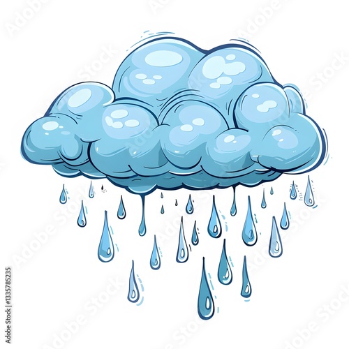 Blue cartoon cloud with raindrops and playful design elements