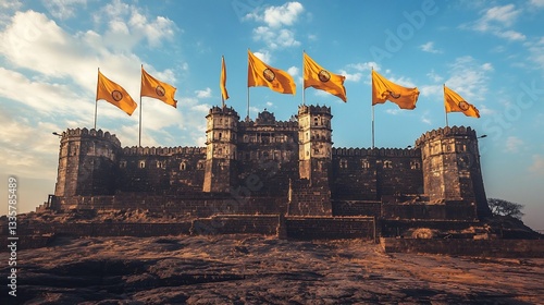 Grand Maratha fortress standing tall against the sky symbolizing the heritage and bravery of Maharashtras warriors with saffron flags flying high