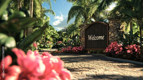 Welcoming Tropical Garden Entrance with Cobblestone Pathway