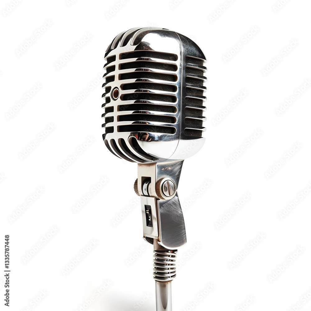 Fototapeta premium Vintage Microphone with Chrome Finish on White Background