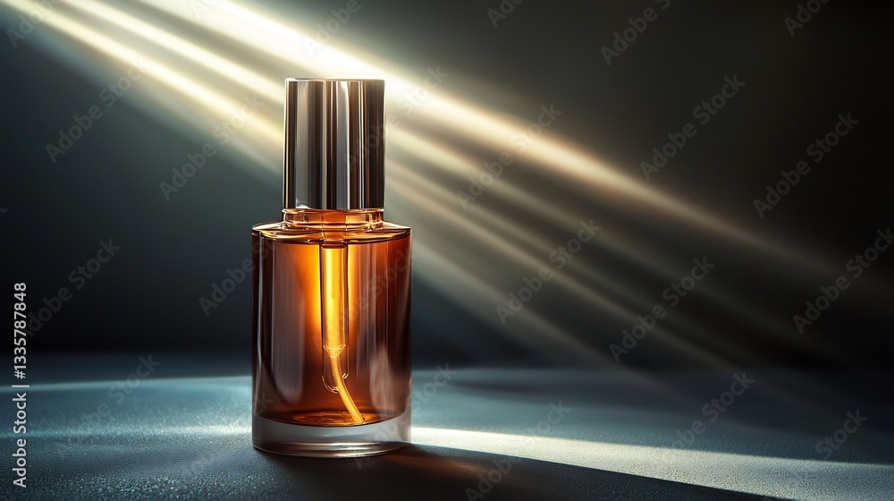Naklejka premium High end facial serum bottle with a metallic pump cap illuminated by gentle light rays emphasizing its premium glass texture