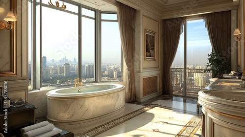 High end hotel bathroom with a luxurious marble bathtub elegant graphic design details and a city view