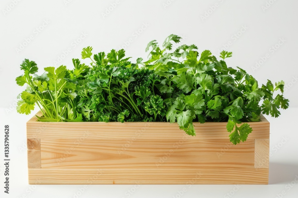 Wooden Box with Fresh Green Parsley and Cilantro Isolated on White Table Side View Wooden Box with Fresh Green Parsley and Cilantro Isolated on White Table Side View