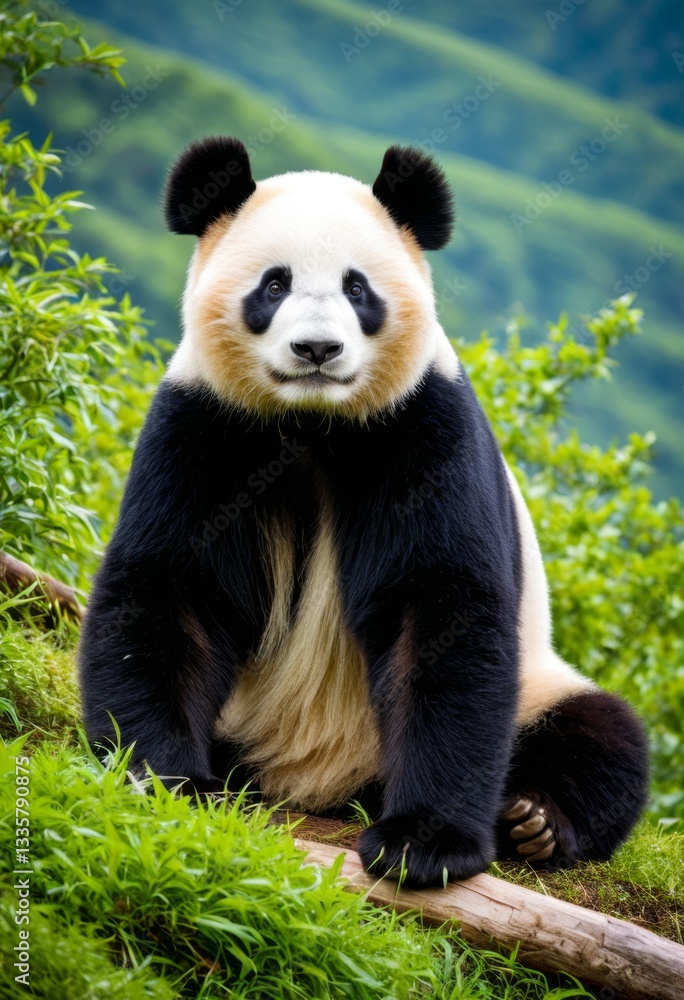 Obraz premium The panda sits on a log in the middle of the grass