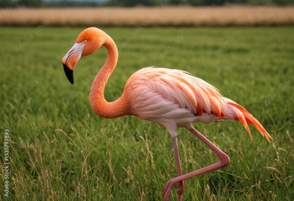 Obraz premium A flamingo stood in the grass of the field