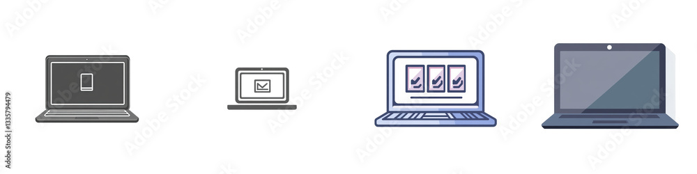 Four laptop icons, various screen displays isolated on white or transparent Four laptop icons, various screen displays isolated on white or transparent