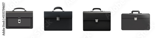Four briefcases, black leather, studio shot isolated on white or transparent