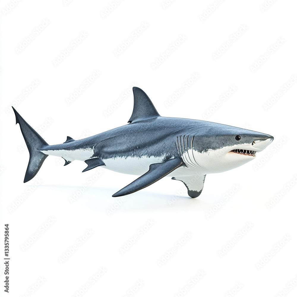 Obraz premium Great white shark isolated on white background, showcasing its powerful form