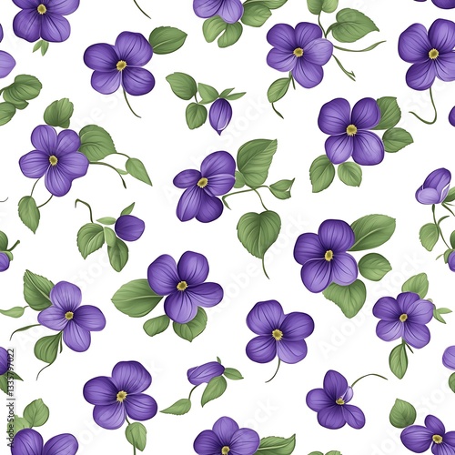 Delicate Purple Violet Pattern with Green Leaves on a Clean White Background for Elegant Designs
