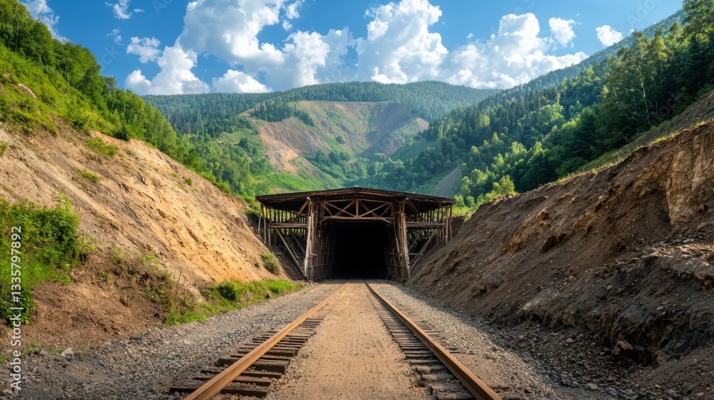 Scenic Railway Entrance Surrounded by Lush Mountains and Clear Blue Sky Scenic Railway Entrance Surrounded by Lush Mountains and Clear Blue Sky