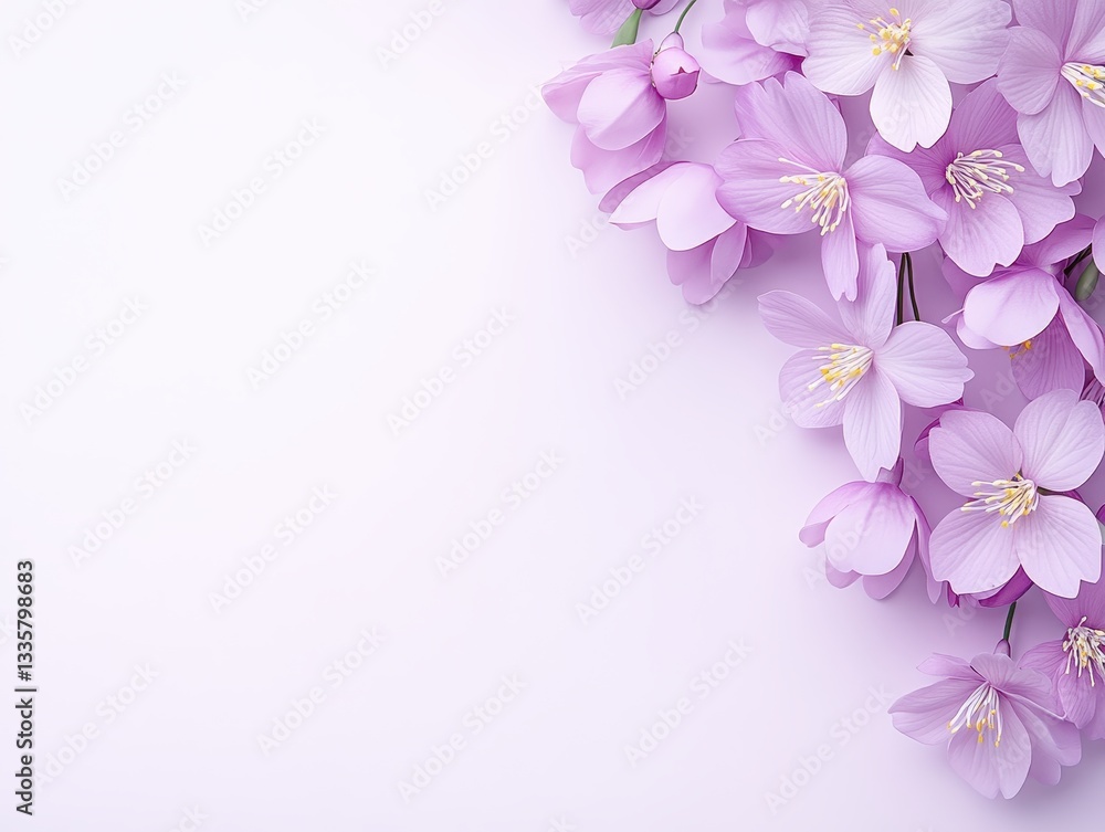 Fototapeta premium Delicate pink cherry blossoms arranged on a soft pastel background