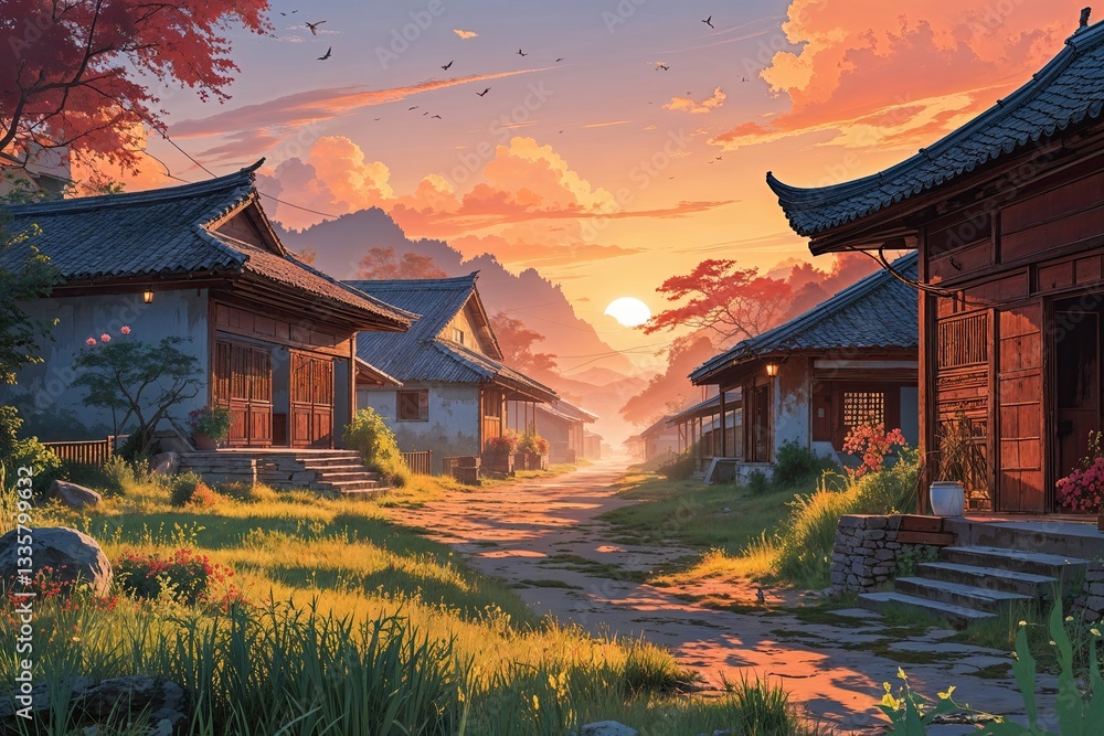 Obraz premium Serene Sunrise in Rustic Village Featuring Digital Art of Asian Architecture and Natural Scenery