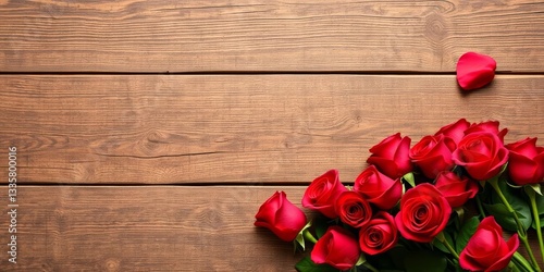 Heart shaped arrangement of red roses on rustic wooden background, valentines day, love
