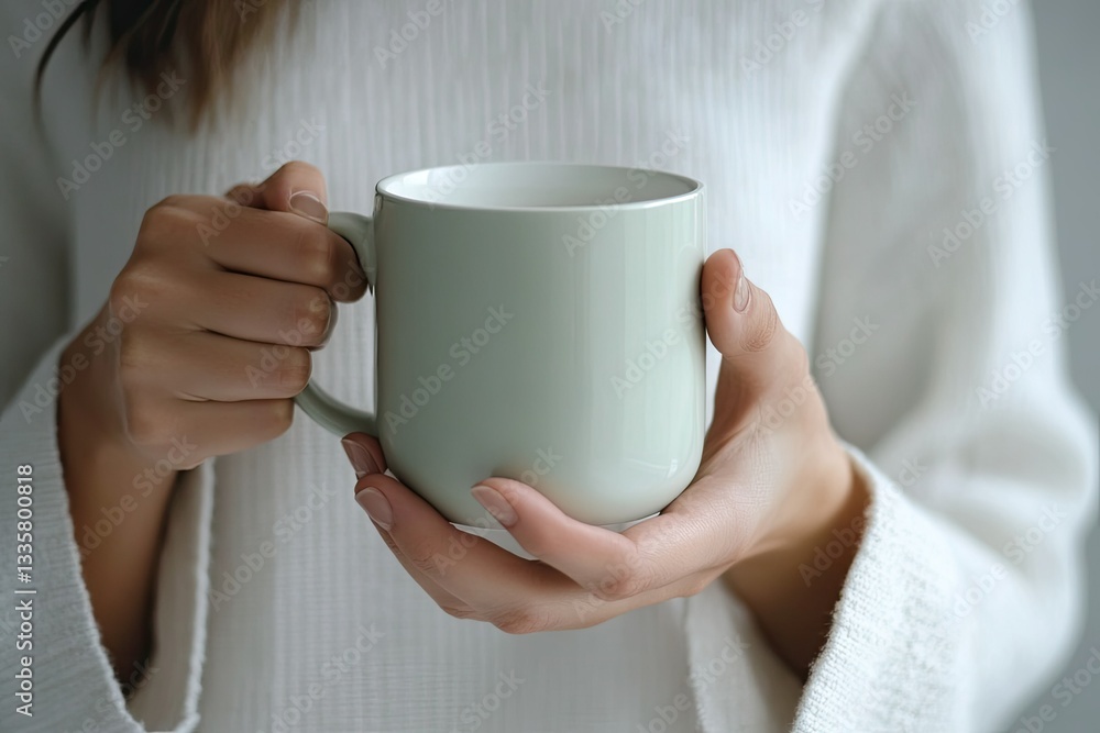 High Definition Picture of Young Woman Holding a White Green Coffee Mug and Smelling High Definition Picture of Young Woman Holding a White Green Coffee Mug and Smelling
