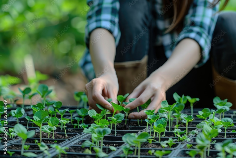 Woman Preparing Seedlings of Plants to Grow in the Urban Vegetable Garden Woman Preparing Seedlings of Plants to Grow in the Urban Vegetable Garden