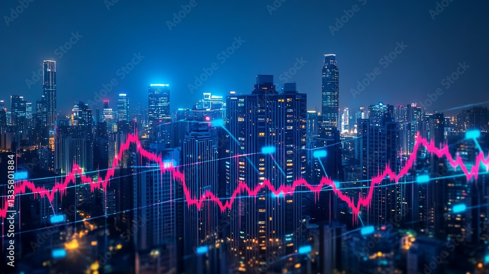 Financial Chart Overlaying a Cityscape at Night Representing Market Fluctuations Financial Chart Overlaying a Cityscape at Night Representing Market Fluctuations
