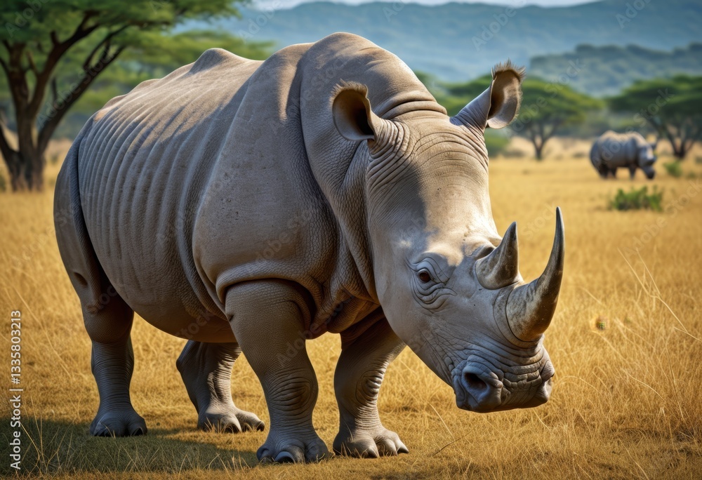 Obraz premium A rhinoceros stands in the grass Background are other animals