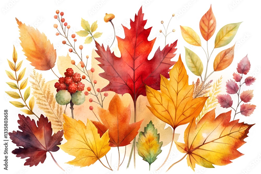 Vibrant Autumn Watercolor Leaves Collection Fall Foliage Maple Oak Berries Branches Vibrant Autumn Watercolor Leaves Collection Fall Foliage Maple Oak Berries Branches