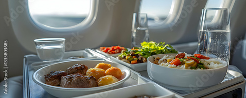 Obraz na płótnie Airplane meal, window view, flight food w salonie