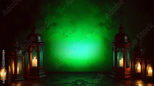 Ramadan Mubarak with Lanterns, Antique Bronze Texture, Mysterious Backlighting, Eerie Dark Patina Effect