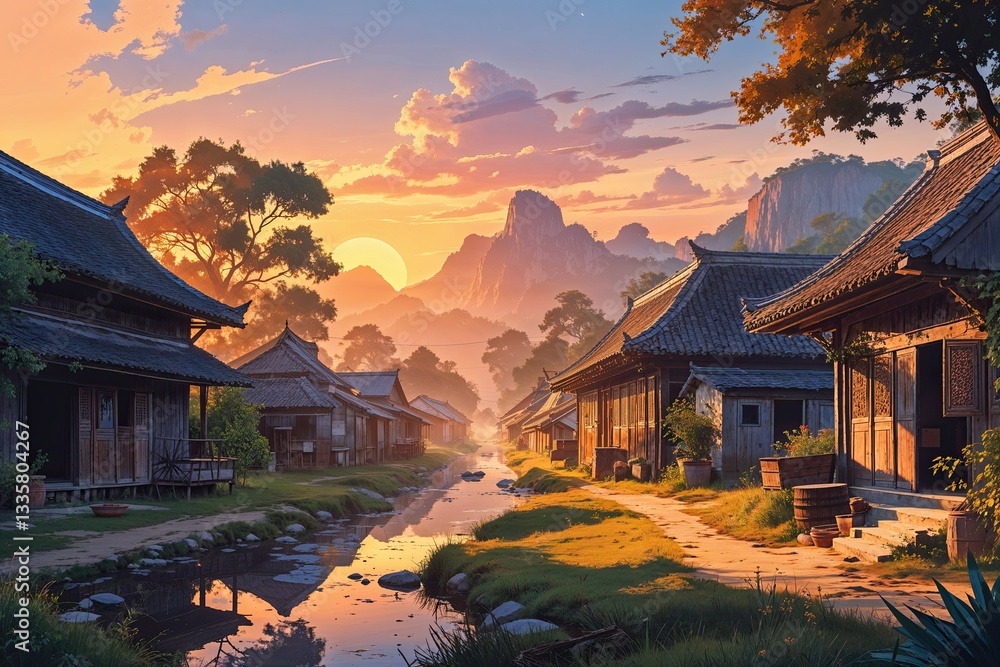 Fototapeta premium Serene Sunrise in Rustic Asian Village Digital Art of Nature and Architecture